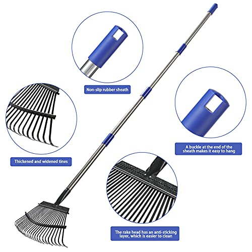 Garden Rake Leaf, 1.1" Diameter Pole & 6 FT Tall Stainless Steel Heavy Duty Adjustable Long Handle Garden Rake , Use for Yard Garden Lawn and Window Leaves（25 Tines）