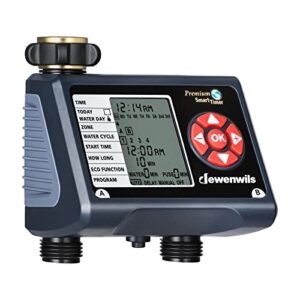 dewenwils sprinkler timer 2 zone, water hose garden irrigation timer with 4 programmable procedure and low battery warning, repeat watering over period, faucet controller with rain delay mode for lawn