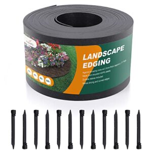 black plastic garden landscape edging, 5” tall border coil, flexible and strengthened with anti-uv treatment (20ft with 6pcs stakes)