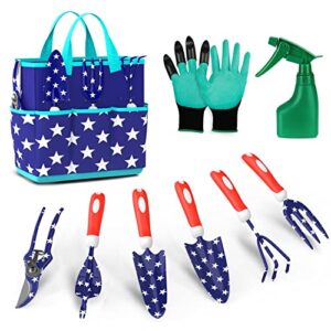 wosnows garden tool set, national flag style stainless steel heavy duty gardening tool set, with non-slip rubber gloves, durable gardening hand tools bag, great garden tool kit gifts for women and men