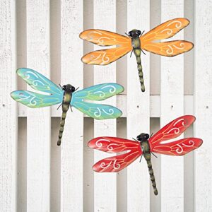 meetyamor dragonfly outdoor wall decor, 3 pack 15″x10″ metal small colorful mexican hanging wings accent wall art gifts, garden fence home living room patio yard decoration for outside
