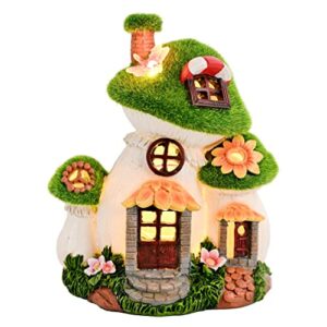 teresa’s collections flocked big & mini mushroom fairy house garden statues with solar lights, resin lawn ornaments outdoor cottage figurines garden decor for outside patio yard decorations, 8.7 inch