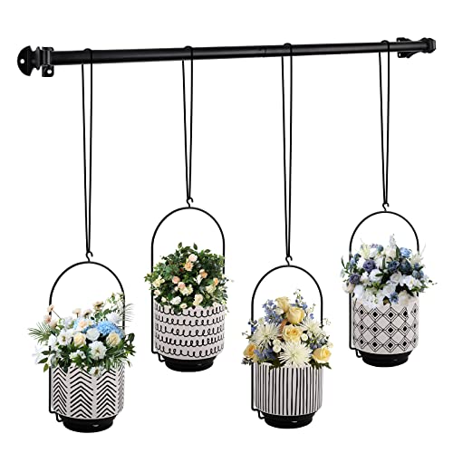 CASEWIN 4PC Ceramic Hanging Planters for Indoor with 4 Inch Self Watering Hanging Plants Pots - Metal Wall Window Plant Hanger Outdoor with Drainage Holes & Removable Saucer for Garden Home (Ivory)