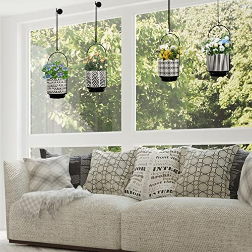 CASEWIN 4PC Ceramic Hanging Planters for Indoor with 4 Inch Self Watering Hanging Plants Pots - Metal Wall Window Plant Hanger Outdoor with Drainage Holes & Removable Saucer for Garden Home (Ivory)