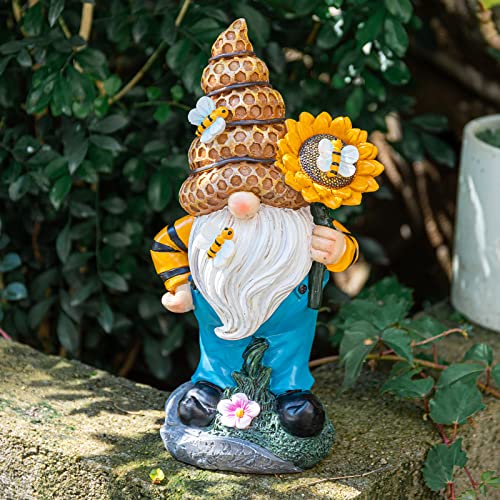 Ovewios Garden Statues Gnome Decor, Garden Gnomes Outdoor Funny Hold Sunflower with Solar Light Lawn Ornaments Decor for Outside Patio Yard Porch Decoration Gifts