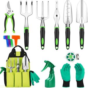 mr rabbi garden tools set, 11 piece heavy duty gardening tools for gardening with non-slip rubber grip, outdoor hand tools, storage tote bag, aluminum garden kit, gardening gifts for men women