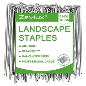 Landscape Staples Zevlux Garden Staples 6 Inch 100Pcs Galvanized Heavy-Duty Sod Pins Anti-Rust Fence Stakes for Weed Barrier Fabric, Ground Cover, Irrigation Tubing, 11 Gauge, 100 Pcs