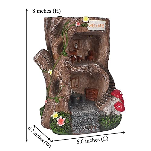 BEXLEYBAY Solar Light Gnome Fairy Tree House Outdoor Statues, Big Size Elf Miniature Buildings Tree House Sculptures for Outdoor Garden Patio Lawn Path Decorations, 8" Tall