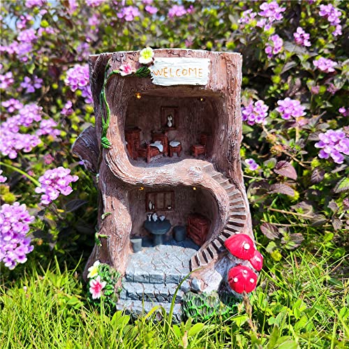 BEXLEYBAY Solar Light Gnome Fairy Tree House Outdoor Statues, Big Size Elf Miniature Buildings Tree House Sculptures for Outdoor Garden Patio Lawn Path Decorations, 8" Tall