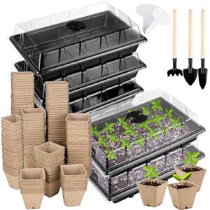 hahood 6 pack seed starter tray kit with 120 square peat pots for seedlings, including plants labels, planting tools, growing trays plastic germination tray paper starter pods for plant seeds, black