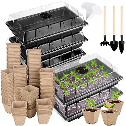 Hahood 6 Pack Seed Starter Tray Kit with 120 Square Peat Pots for Seedlings, Including Plants Labels, Planting Tools, Growing Trays Plastic Germination Tray Paper Starter Pods for Plant Seeds, Black