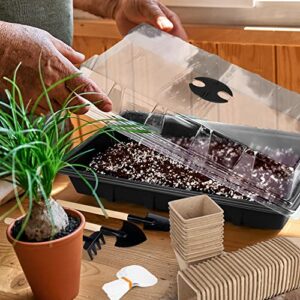 Hahood 6 Pack Seed Starter Tray Kit with 120 Square Peat Pots for Seedlings, Including Plants Labels, Planting Tools, Growing Trays Plastic Germination Tray Paper Starter Pods for Plant Seeds, Black