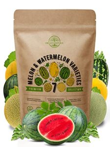 7 melon & watermelon seeds variety pack for planting indoor & outdoors 420+ non-gmo heirloom fruit garden growing seeds: sugar baby watermelon, canary & honeydew melon, crimson sweet watermelon & more