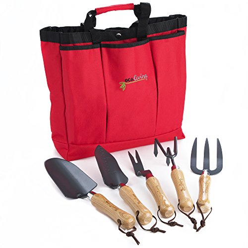 OCALIVING Garden Tool Set- Gardening Tools -Planting Trowel, Fork, Weeder, Transplanter, Rake & 6 pocket Storage Bag -Heavy Duty Gardening Kit- Gardening Gift Women Men -Wood Handle Tools