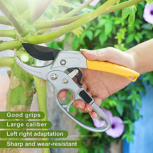 MUSTKING garden clippers, work 3 times easier, ratchet pruning shears,for trimming rose, floral, tree, live plants, arthritis weak hand snips