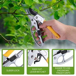 MUSTKING garden clippers, work 3 times easier, ratchet pruning shears,for trimming rose, floral, tree, live plants, arthritis weak hand snips