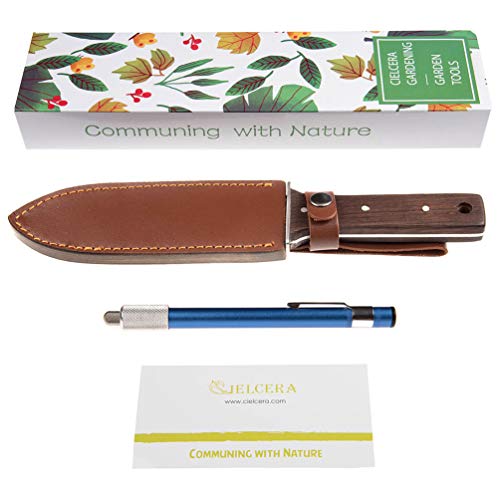 CIELCERA 12" Hori Hori Garden Knife (Right Serrated Blade) with Free Diamond Sharpening Rod, Ideal Gardening Digging Landscaping Weeding Tool, with Thick Sheath and a Fine Gift Box