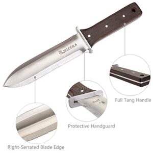 CIELCERA 12" Hori Hori Garden Knife (Right Serrated Blade) with Free Diamond Sharpening Rod, Ideal Gardening Digging Landscaping Weeding Tool, with Thick Sheath and a Fine Gift Box