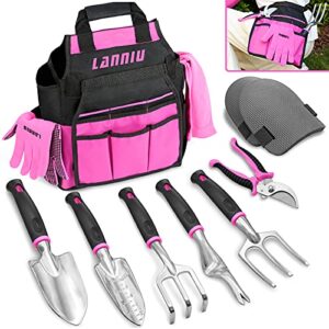 garden tool set，10 piece pink gardening gifts for women,with 2 in 1 detachable storage bag, trowel, transplanter, rake, weeder, cultivator, purning shears and 3 additional protection tools(lanniu)