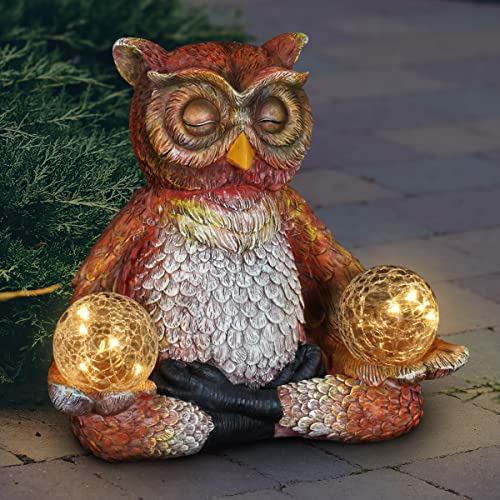 Exhart Garden Sculpture, Owl Meditating Yoga Solar Garden Statue, 2 LED Light Crackle Balls, Outdoor Garden Decoration, 7.5 x 9.5 Inch