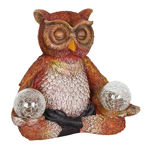 Exhart Garden Sculpture, Owl Meditating Yoga Solar Garden Statue, 2 LED Light Crackle Balls, Outdoor Garden Decoration, 7.5 x 9.5 Inch