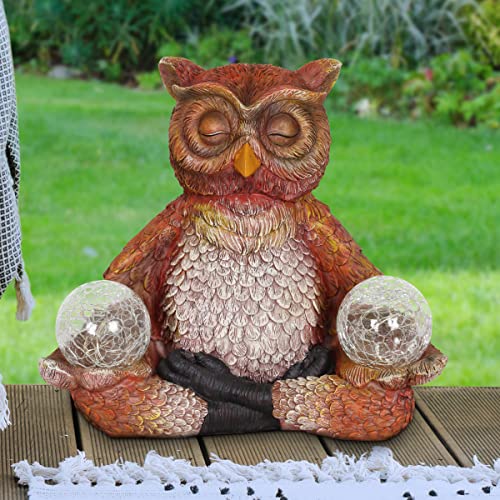 Exhart Garden Sculpture, Owl Meditating Yoga Solar Garden Statue, 2 LED Light Crackle Balls, Outdoor Garden Decoration, 7.5 x 9.5 Inch