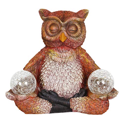 Exhart Garden Sculpture, Owl Meditating Yoga Solar Garden Statue, 2 LED Light Crackle Balls, Outdoor Garden Decoration, 7.5 x 9.5 Inch