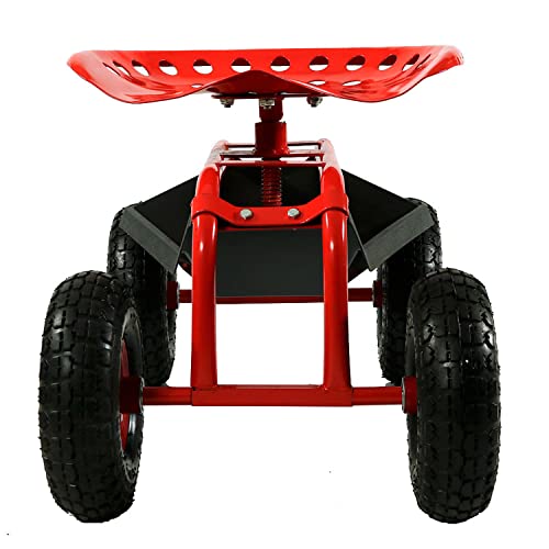 Sunnydaze Rolling Garden Cart Scooter with Wheels and Tool Tray, 360 Swivel Seat, Red