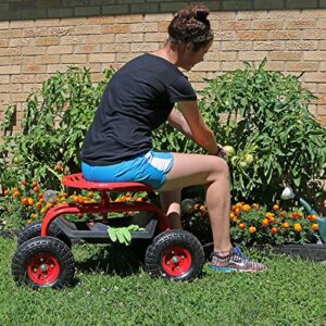 Sunnydaze Rolling Garden Cart Scooter with Wheels and Tool Tray, 360 Swivel Seat, Red