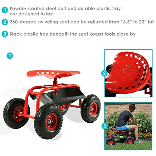 Sunnydaze Rolling Garden Cart Scooter with Wheels and Tool Tray, 360 Swivel Seat, Red