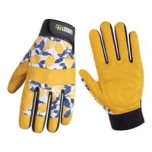 luxgift breathable cowhide leather gardening gloves for yard work, outdoor, construction, motorcycle | thorn proof | adjustable wrist | knuckles protection | lemon