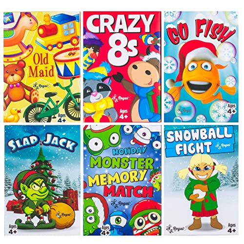 Regal Games - Kids Holiday Card Games - Includes Old Maid, Go Fish, Slapjack, Crazy 8's, Snowball Fight, and Holiday Monster Memory Match - for Family Game Nights, Parties - Set of 6 Games