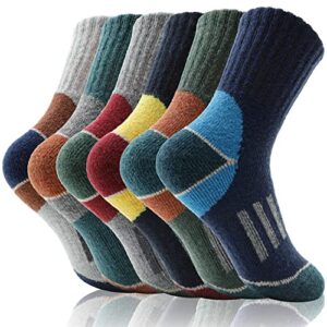 Kids Merino Wool Hiking Socks Boys Toddlers Girls Winter Thermal Thick Warm Boot Cushion Ski Snow Gift Socks Stocking Stuffers 6 Pairs (Color matching, 8-12 Y)