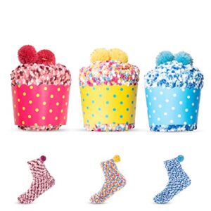 yawcorp stocking stuffers for women, cozy socks fuzzy socks for women, christmas gifts cupcake socks birthday gifts for mom sister wife, 3 pairs (blue, pink, yellow), one size