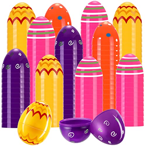 50 Pcs 3.5 Inch Easter Eggs Printed Bright Eggs Fillable Plastic Easter Eggs Easter Basket Stuffers Bulk Colorful Eggs for Easter Egg Hunting Games Kids Boys Girls Party Stocking Fillers, 4 Styles