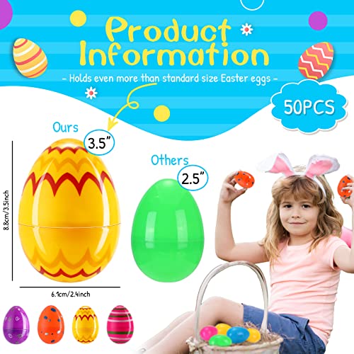 50 Pcs 3.5 Inch Easter Eggs Printed Bright Eggs Fillable Plastic Easter Eggs Easter Basket Stuffers Bulk Colorful Eggs for Easter Egg Hunting Games Kids Boys Girls Party Stocking Fillers, 4 Styles