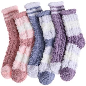 ebmore womens fuzzy socks fleece fluffy cabin plush warm sleep soft cozy winter adult stocking stuffers christmas valentines mothers day gifts for mom her slipper socks 6 pairs (mix stripe weave b)