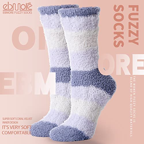 EBMORE Womens Fuzzy Socks Fleece Fluffy Cabin Plush Warm Sleep Soft Cozy Winter Adult Stocking Stuffers Christmas Valentines Mothers Day Gifts for Mom Her Slipper Socks 6 Pairs (Mix Stripe Weave B)