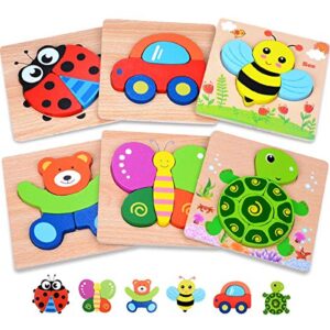 playtime by magifire wooden puzzles for toddlers set of 6: early developmental stem toy for babies aged 1-3 years; ladybug, car, bee, teddy bear, butterfly, turtle