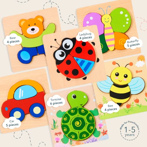 Playtime by Magifire Wooden Puzzles for Toddlers Set of 6: Early Developmental STEM Toy for Babies Aged 1-3 Years; Ladybug, Car, Bee, Teddy Bear, Butterfly, Turtle