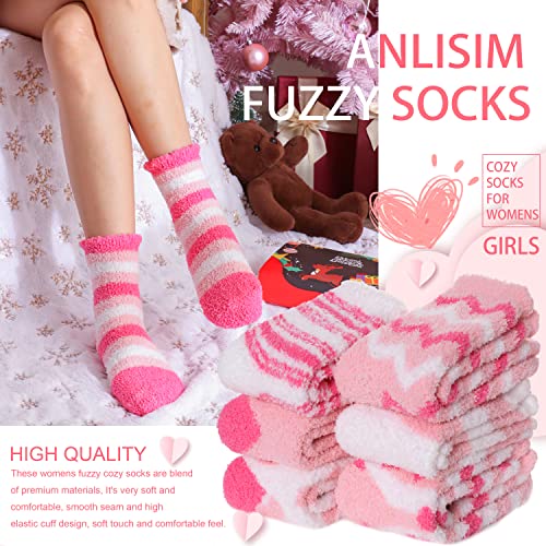 Anlisim Fuzzy Socks for Women Cozy Fluffy Winter Cabin Girls Slipper Warm Fleece Soft Thick Comfy Valentines Day Gift for Her Galentines Day Gifts Stocking Stuffer Christmas Home Socks(Pink(6 Pairs))