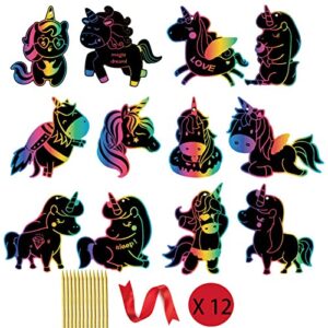 slzq 12 pack unicorn scratch arts and crafts for kids ,12 ribbons and 12 wooden stylus,scratch paper for kids art party supplies stocking stuffer (unicorn – multicolour)