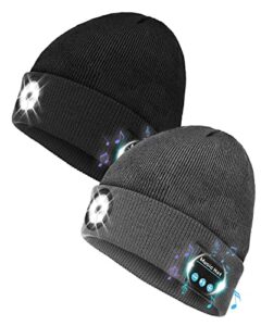 bluetooth beanie hat with light 2 pack, 5 led rechargeable headlamp cap with wireless headphones, unisex knitted bluetooth hat, women men gift stocking stuffers for dad father husband (black&grey)