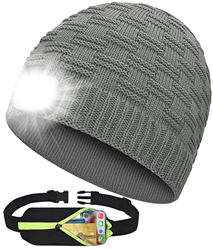 LED Beanie Hat with Light,Novelty Sports Visor Hat Stocking Stuffers Tech Gift (Light Grey)