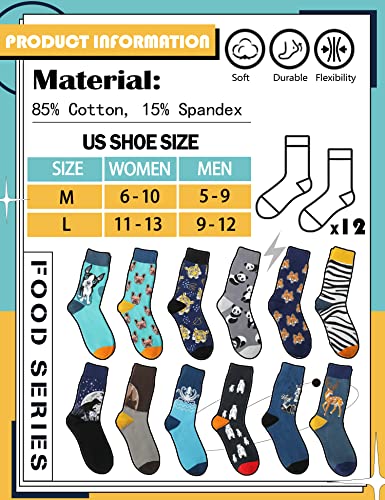 Funny Socks for Women Men Fun Cozy Crazy Cute Novelty Fashion Gift Breathable Cotton Boot Socks Stocking Stuffers（Cute - Animal Style A（12 Pairs）,L)