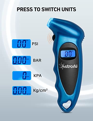 AstroAI Digital Tire Pressure Gauge 150 PSI 4 Settings for Car Truck Bicycle with Backlit LCD and Non-Slip Grip Car Accessories, Blue