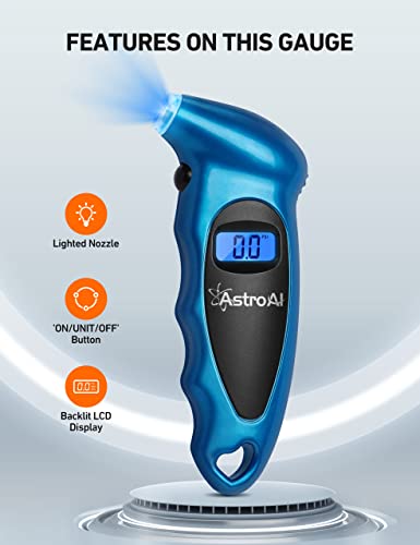 AstroAI Digital Tire Pressure Gauge 150 PSI 4 Settings for Car Truck Bicycle with Backlit LCD and Non-Slip Grip Car Accessories, Blue