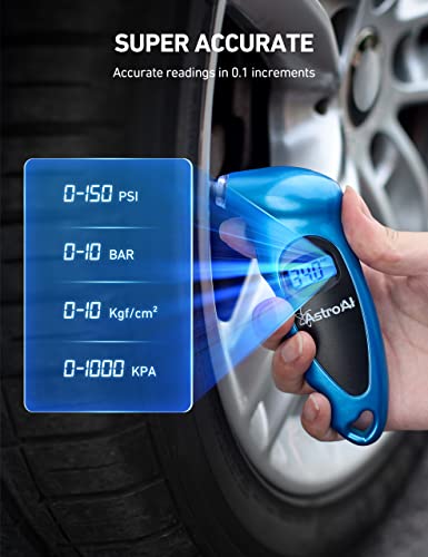 AstroAI Digital Tire Pressure Gauge 150 PSI 4 Settings for Car Truck Bicycle with Backlit LCD and Non-Slip Grip Car Accessories, Blue