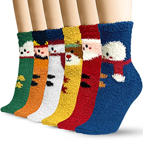 TEHOOK Fuzzy Christmas Socks, Christmas Stocking Stuffers Gifts for Women and Girls, Plush Winter Fuzzy Socks, Fluffy Cozy Warm Socks 6 Pairs