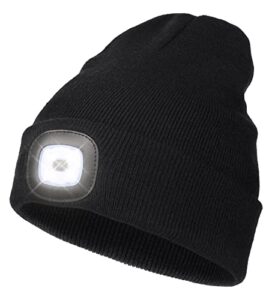 led beanie with light,unisex usb rechargeable hands free 4 led headlamp cap winter knitted night lighted hat flashlight women men gifts for dad him husband black